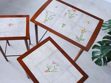 丹麥白色花磚子母桌 丹麥白色花磚子母桌