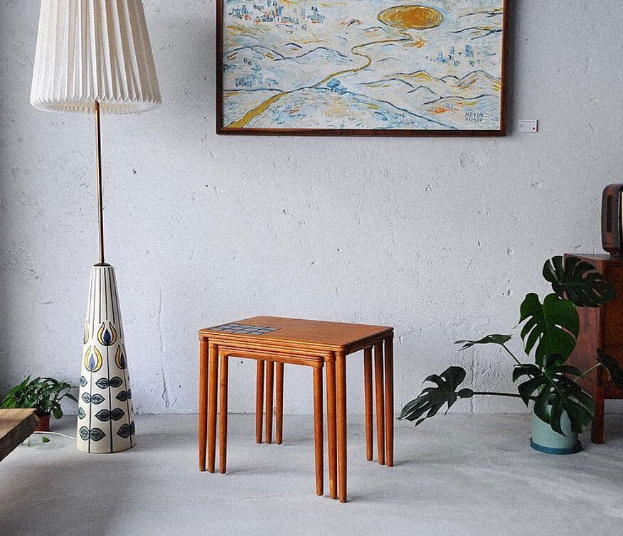 丹麥橡木磁磚子母桌三件組 丹麥橡木磁磚子母桌三件組